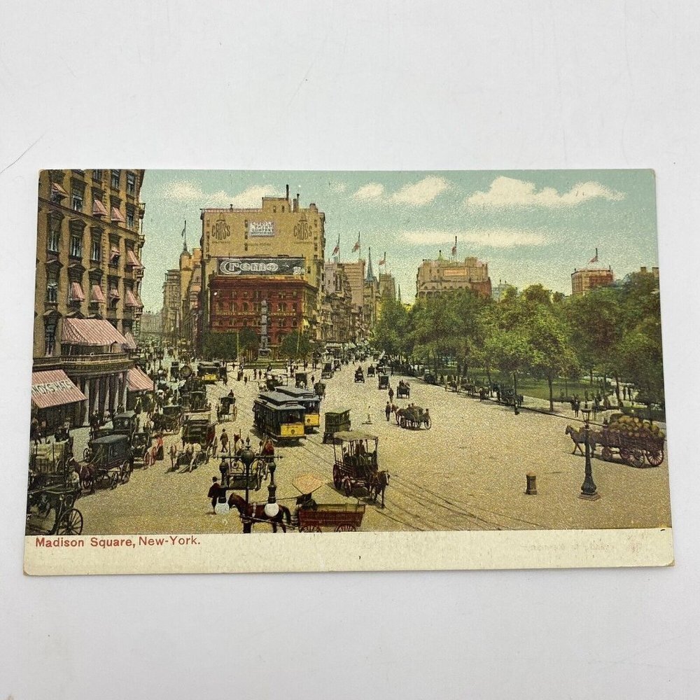 Antique 1900s NYC Madison Square Horse Buggy‎ Streetcars New York Postcard